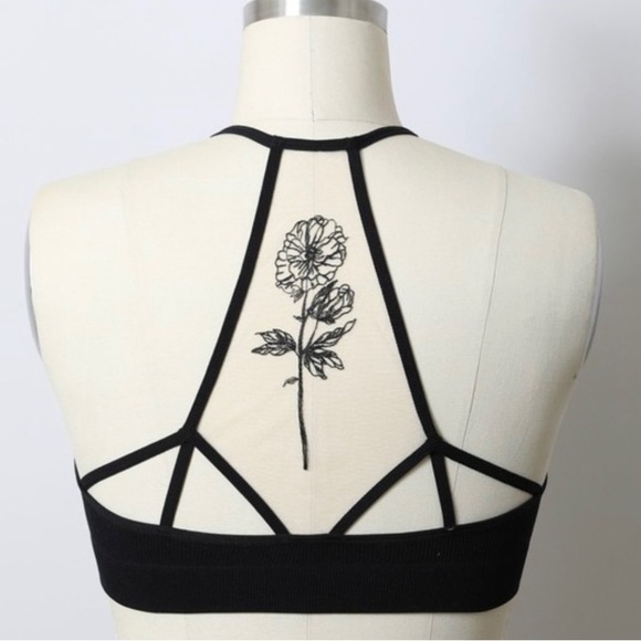Embroidered Flower Tattoo Illusion Racerback Bralette in Black - Picture 7 of 7